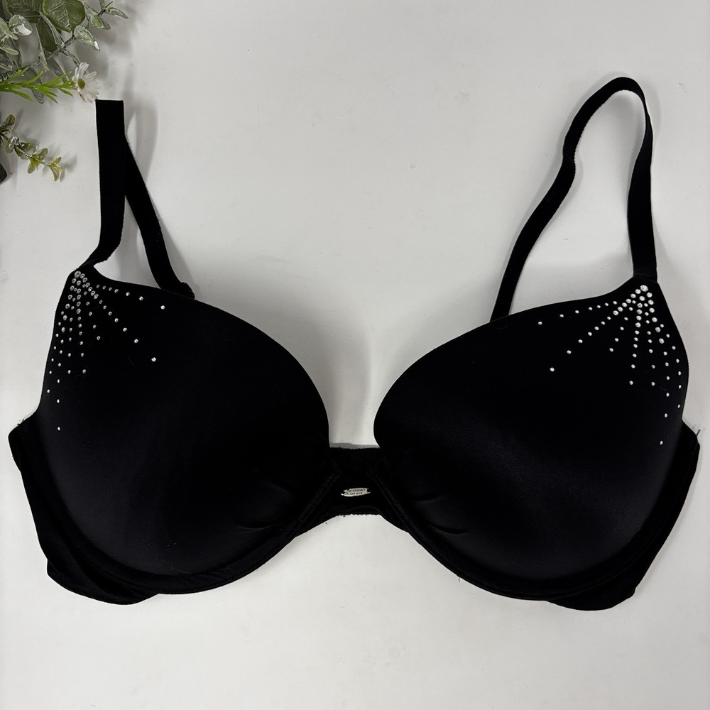 Victoria's Secret Plunge Push Up Bra 36D Black Rhinestone Embellished
